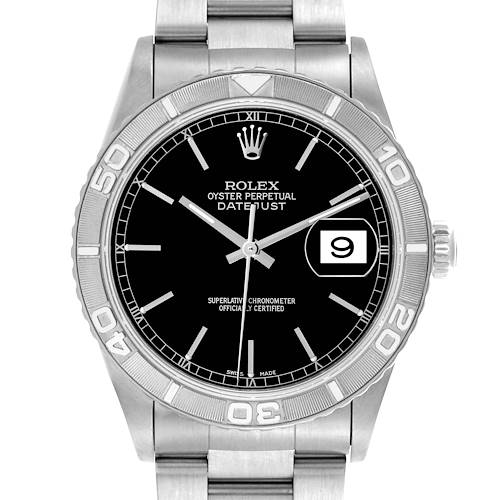 The Rolex Turn-o-Graph watch is shown from the front, highlighting its dial, bezel with numerals, and bracelet.