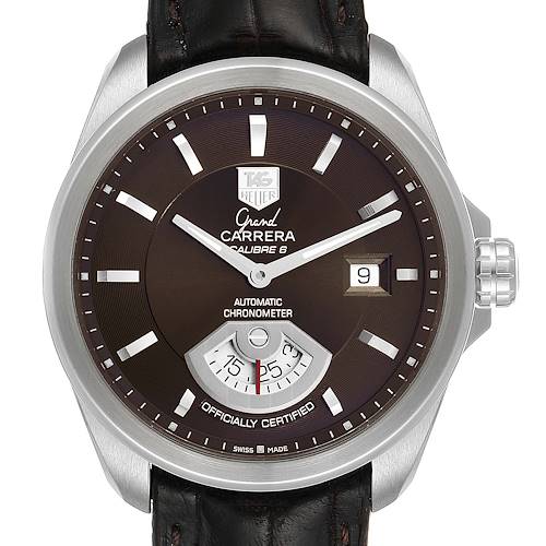The image shows a frontal view of the Tag Heuer Carrera Grand Calibre 6 watch, highlighting the dial, hands, date display, and leather strap.