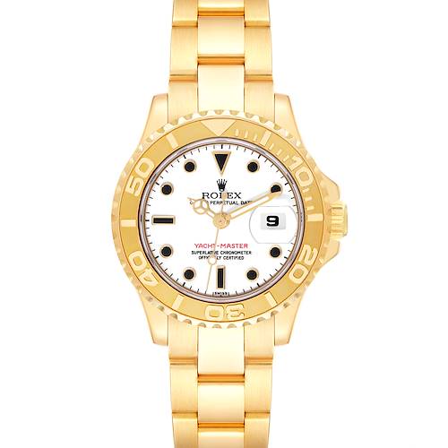The Rolex Yacht-Master watch is shown from a top-down angle, displaying its face, bezel, and part of the bracelet.