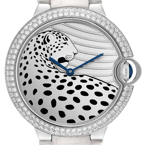 The Cartier Ballon Bleu watch is shown from the front, highlighting the dial design and diamond-set bezel.