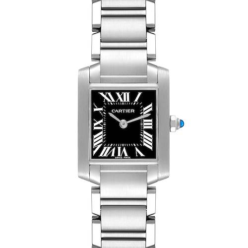 The image shows a front view of a Cartier Tank Francaise watch with a stainless steel bracelet and a black dial with Roman numerals.