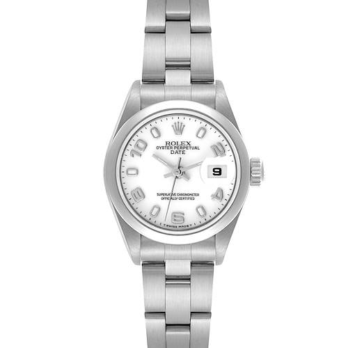The Rolex Date watch is shown from a front view, displaying its dial, bezel, and bracelet.