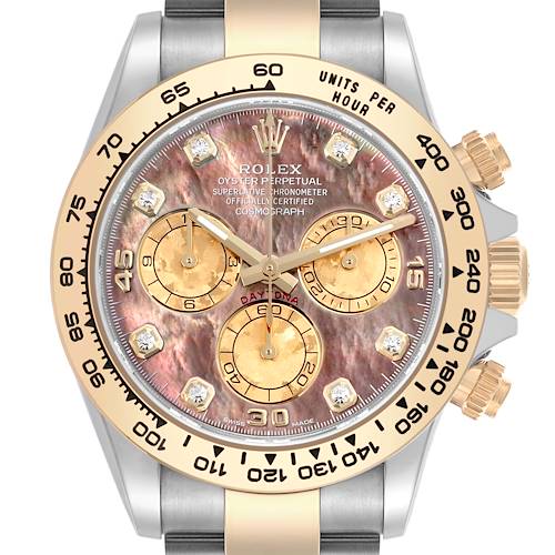 The image shows a frontal view of a Rolex Daytona, highlighting the face, dials, bezel, and crown.
