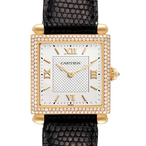 The image shows a front view of the Cartier Tank Obus watch, highlighting its bezel, face, and strap.