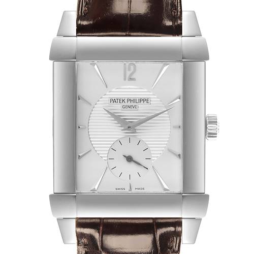 The Patek Philippe Gondolo watch is shown from the front, displaying the face, hands, and part of the leather strap.