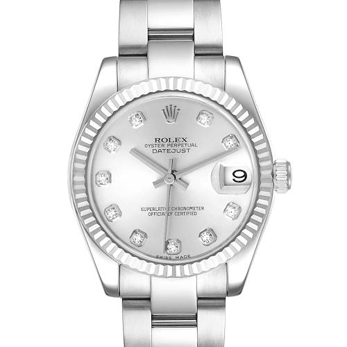 The image shows the front view of a Mid-Size Rolex Oyster Perpetual Datejust watch, displaying its dial, hands, date window, and bracelet.