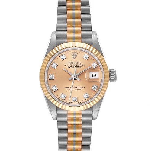 This image shows a frontal view of a Rolex President model watch, highlighting the dial, bezel, and bracelet.