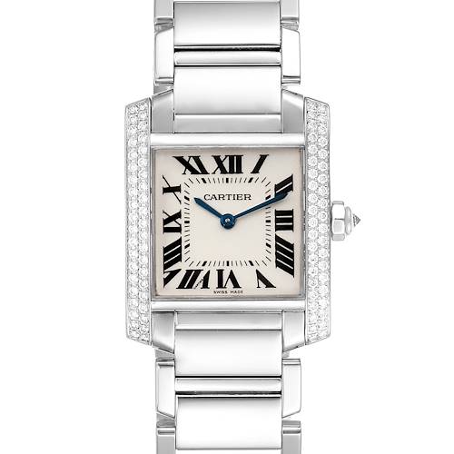 The image shows a front view of a Cartier Tank Francaise watch, highlighting its rectangular dial, Roman numerals, and metallic band.