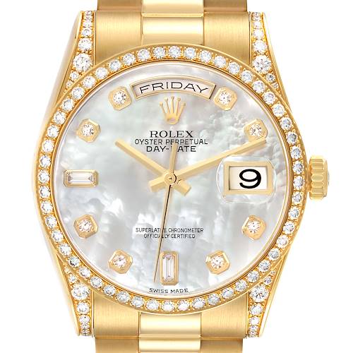 The Rolex President model is shown from the front, displaying the dial, bezel, and part of the bracelet.