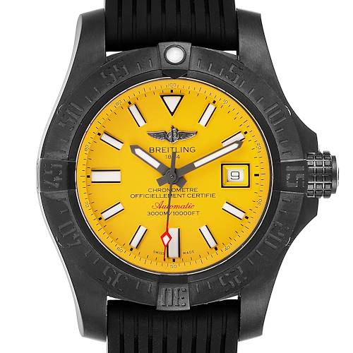 The image shows a front view of a Breitling Avenger watch with a yellow dial, black bezel, and black rubber strap.