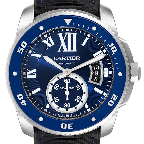 The image shows a front view of the Calibre de Cartier watch by Cartier, displaying its blue dial, bezel, and silver hands.