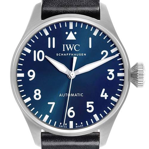 The IWC Pilot model watch is shown from the front, displaying the dial, hands, crown, and part of the strap.