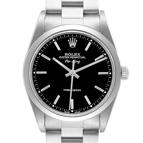 The Rolex Air-King watch is shown from a front angle, displaying the face, bezel, crown, and bracelet.