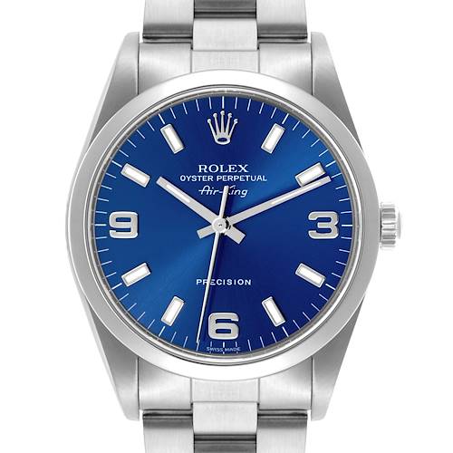 The image shows a front view of the Rolex Air-King watch, highlighting the blue dial and stainless steel bracelet.