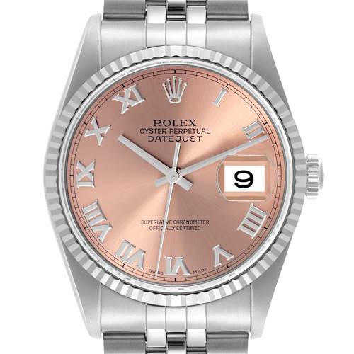 The Rolex Datejust watch is shown from the front, highlighting the dial, Roman numerals, and part of the bracelet.