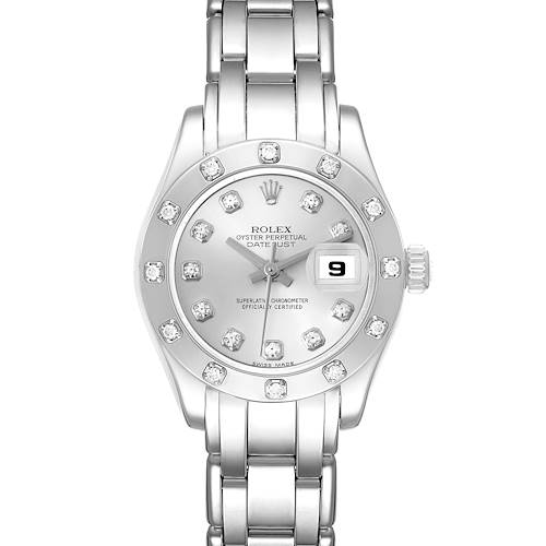 The Rolex Pearlmaster watch is shown from a top-down angle, displaying the dial, bezel, crown, and bracelet.