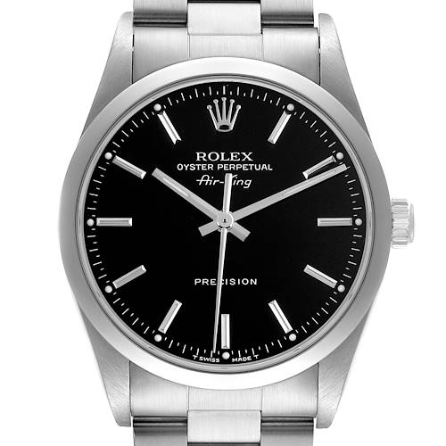 The image shows a front view of a Rolex Air-King watch, displaying its face, hands, crown, and part of the bracelet.