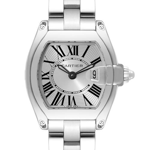 The image shows a frontal view of the Cartier Roadster watch, highlighting its dial, date window, hands, and part of its metal bracelet.
