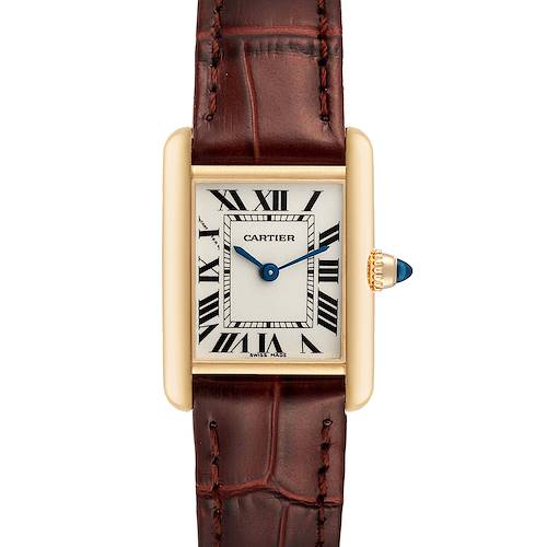 This image shows a front view of a Cartier Tank Louis watch with a leather strap.