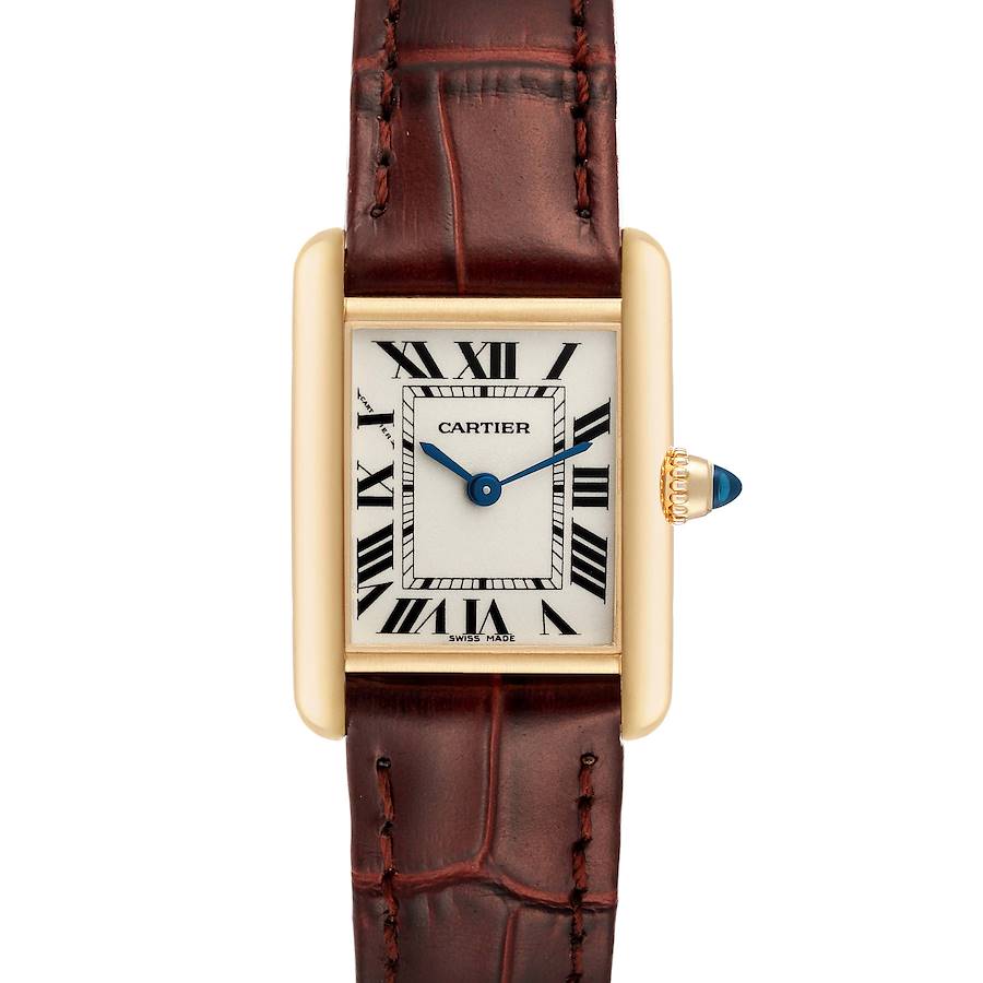The image shows a front view of the Cartier Tank Louis watch, displaying the face, strap, and crown.