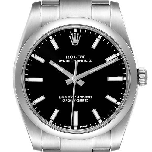 This image shows a front view of the Rolex Oyster Perpetual watch, highlighting its black dial, hour markers, hands, crown, and part of the metal bracelet.