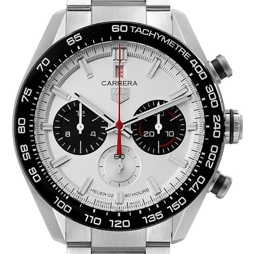 This image shows a front view of a Tag Heuer Carrera watch, featuring its dial, bezel, subdials, and chronograph pushers.