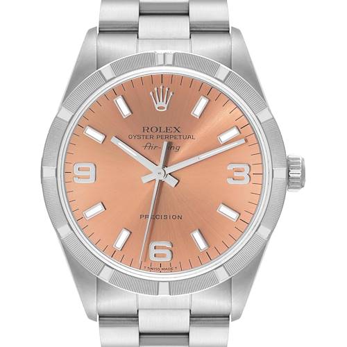 The image shows a front view of a Rolex Air-King watch, highlighting its face, crown, and part of its bracelet.