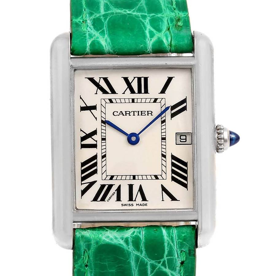 This Cartier Tank Louis watch is shown from a front angle, highlighting its dial, case, and green strap.