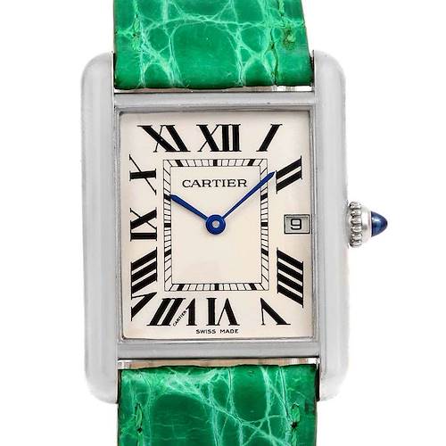 This image shows a front view of the Cartier Tank Louis model watch, highlighting its dial, case, and green strap.