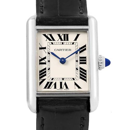 This image shows a front view of the Cartier Tank Louis watch, displaying the face, Roman numerals, casing, and part of the leather strap.