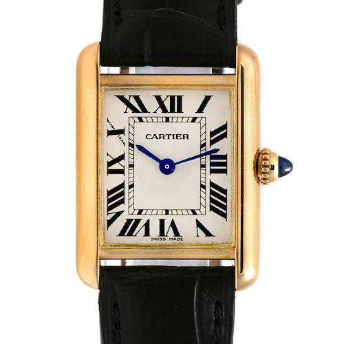 This image shows a frontal view of the Cartier Tank Louis watch, highlighting its rectangular face, Roman numerals, and leather strap.