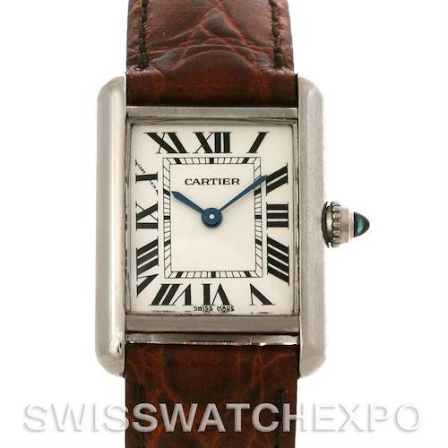 This image shows a front view of the Cartier Tank Louis watch, highlighting the watch face, Roman numeral markers, and decorative crown.