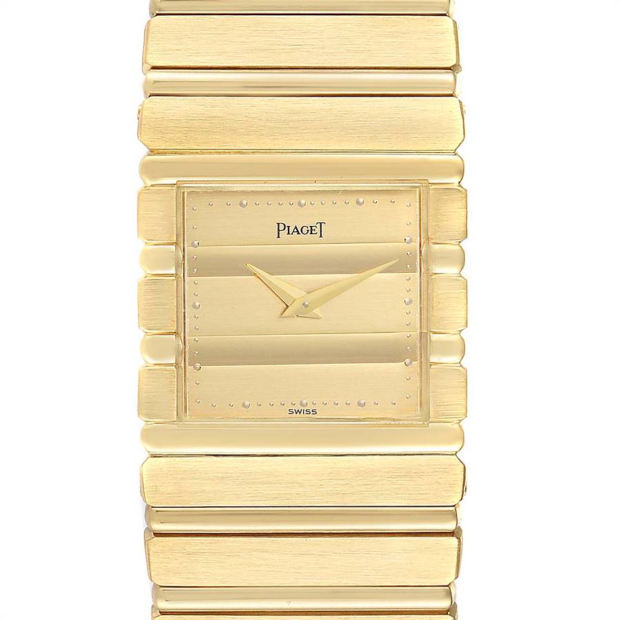 This image shows a frontal view of the Piaget Polo 18K Yellow Gold Men's Watch 7131, highlighting its face and bracelet.