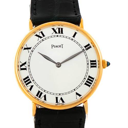The image shows a frontal view of the Piaget 9035 18K Yellow Gold Mechanical Men's Watch, highlighting its black Roman numeral dial and black leather strap.