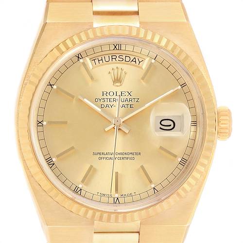 The image shows a front view of the Rolex Oysterquartz Day-Date watch, highlighting the dial, hands, bezel, and crown.