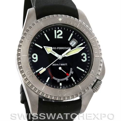 The image shows a front view of the Girard-Perregaux Sea Hawk II Titanium 49900-21-652-FK6D watch, highlighting its dial and bezel.