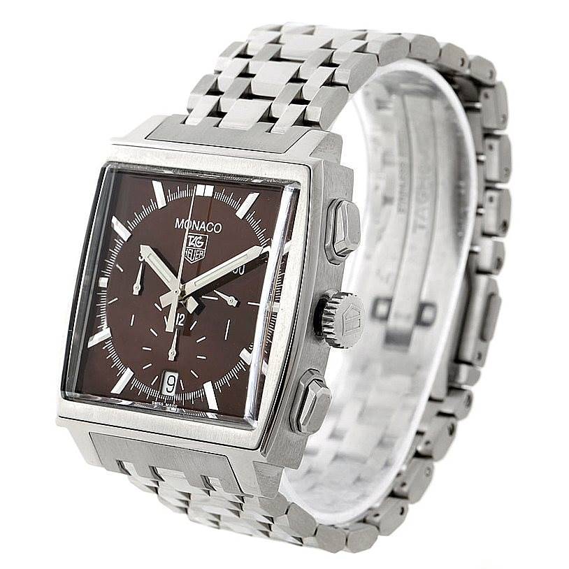 This image shows the face, crown, pushers, and metal bracelet of the Tag Heuer Monaco watch at an angled view.