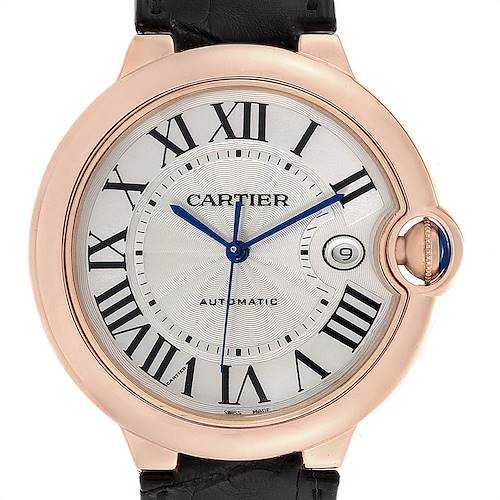 The image shows a front view of the Cartier Ballon Bleu watch, highlighting its face, bezel, crown, and strap.