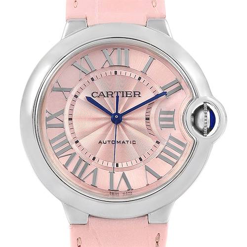 The image shows a front view of a Cartier Ballon Bleu watch with a pink strap and silver casing.
