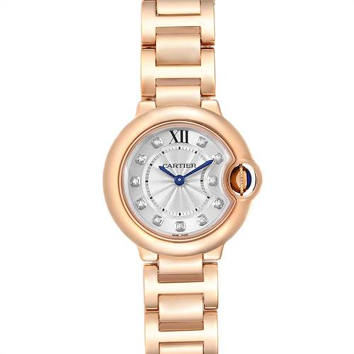 The image shows a front view of a Cartier Ballon Bleu model watch with a gold case and blue hands.