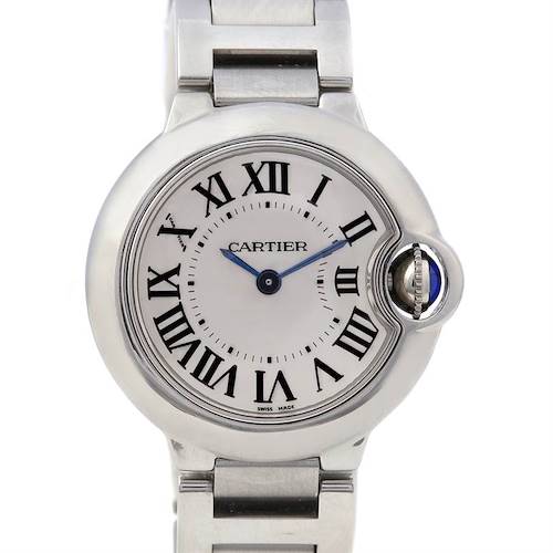 This image shows a frontal view of the Cartier Ballon Bleu watch, highlighting its face, crown, and part of the bracelet.