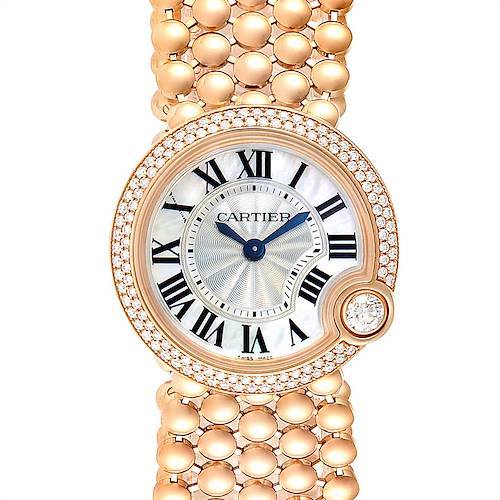 This image shows a top-down view of the face and part of the bracelet of the Ballon Bleu model by Cartier.