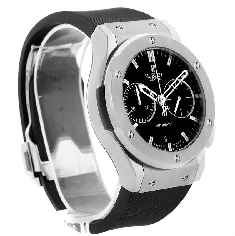 This image shows a side-angle view of the Hublot Classic Fusion watch, highlighting its bezel, dial, and rubber strap.
