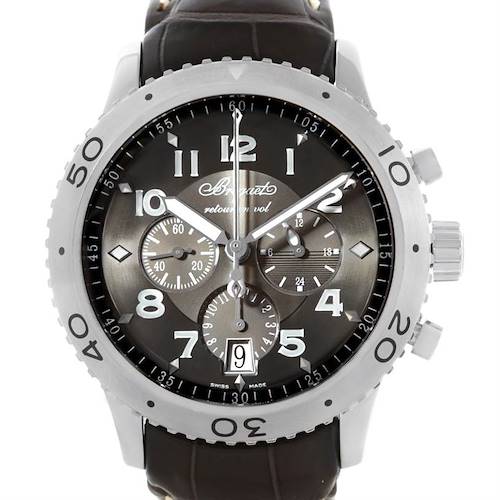 This is a front view of the Breguet Type XX - XXI - XXII watch, showing the dial, bezel, and chronograph subdials.