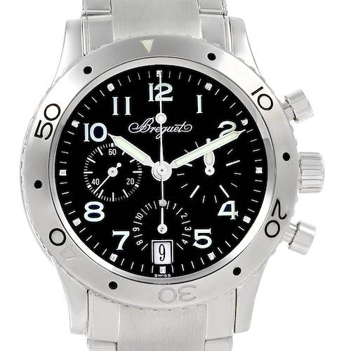 The Breguet Type XX - XXI - XXII watch is shown from the front angle, displaying the dial, bezel, and part of the bracelet.