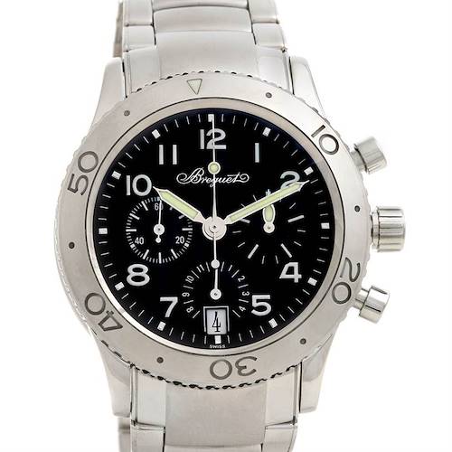 The image shows a front view of the Breguet Type XX - XXI - XXII watch, highlighting its dial, bezel, and bracelet.