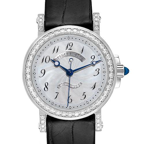 The image shows a front view of the Breguet Classique White Gold Mother Of Pearl Diamond Ladies Watch 8818 model with a black leather strap.
