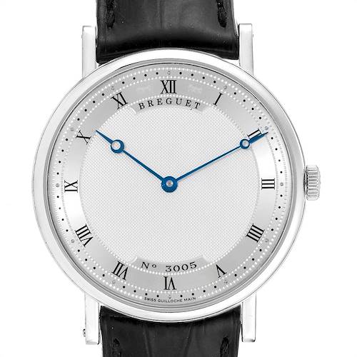 The image shows a front view of the Breguet Classique watch, highlighting its dial, hands, and part of the strap.
