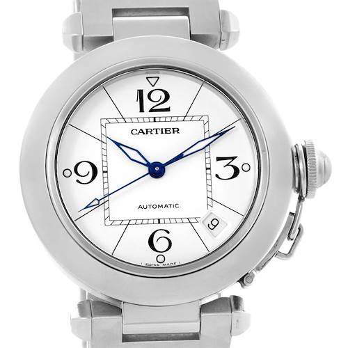 This image shows a front view of the Cartier Pasha watch, highlighting its face, bezel, and bracelet.