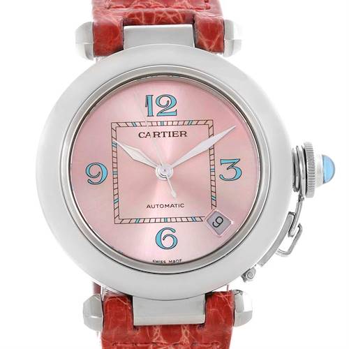 The image shows a frontal view of the Cartier Pasha watch, highlighting its dial, hands, numerals, bezel, and part of the strap.